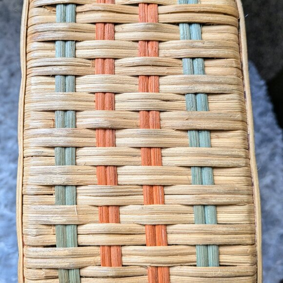 Vintage Woven Basket Purse Camel Fabric Sides with Wicker Handle and Detailing - Picture 2 of 11